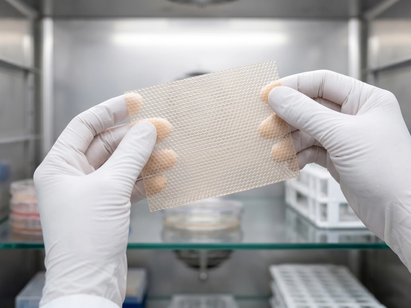 Gloved hands holding a translucent biologic scaffold inside a laboratory storage cabinet