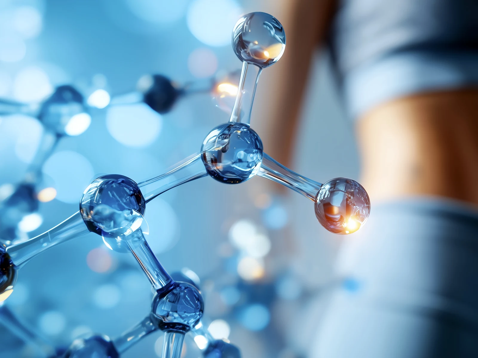 Macro view of a glass molecular model in cool blue light, with a person's form softly defocused in the background
